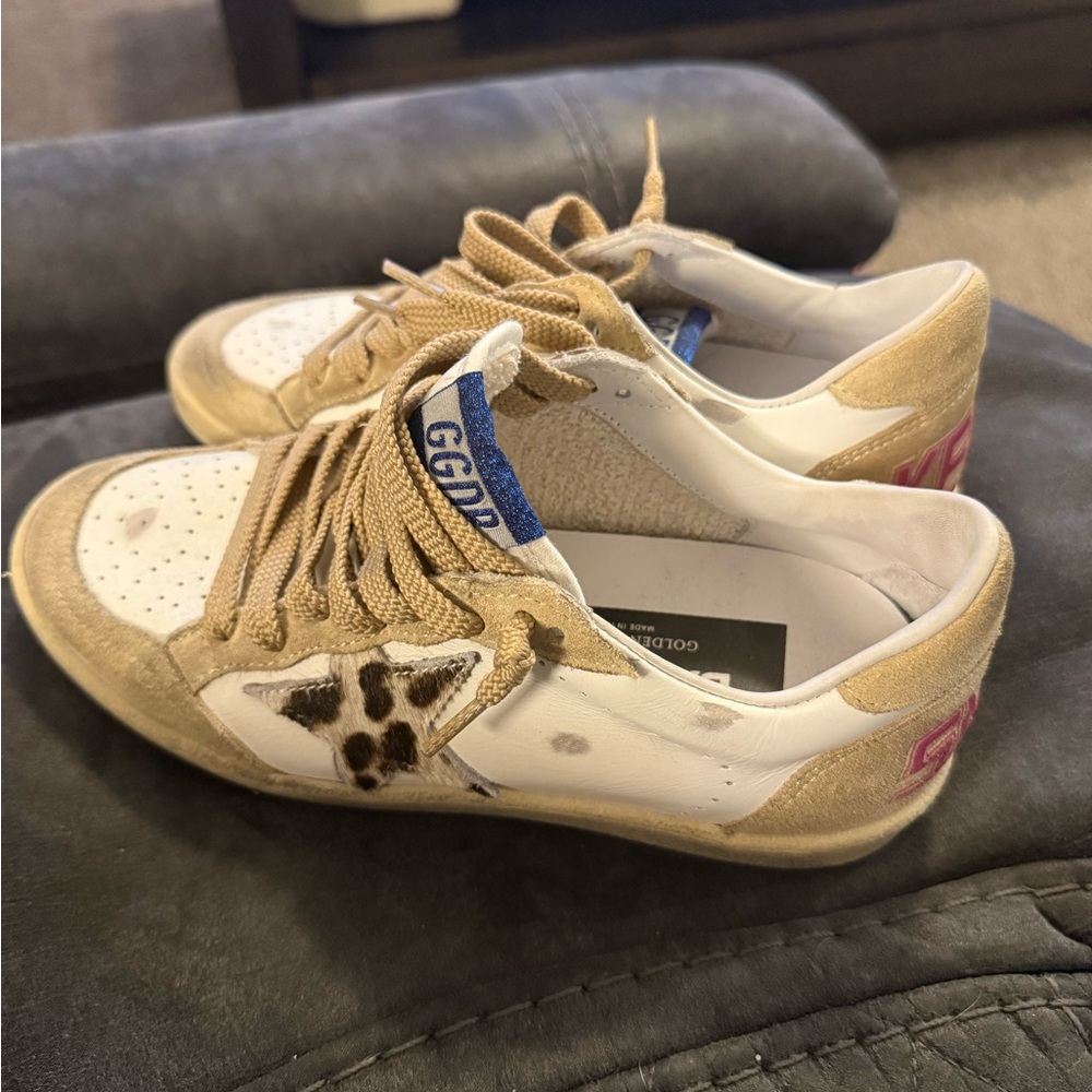 Golden Goose Women's Beige and White Sneakers with Leopard Star